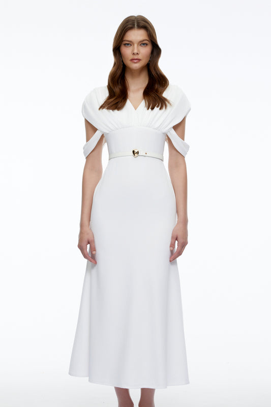 Eleanor White V-Neck Midi Dress with Cape Sleeves