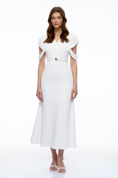 Eleanor White V-Neck Midi Dress with Cape Sleeves