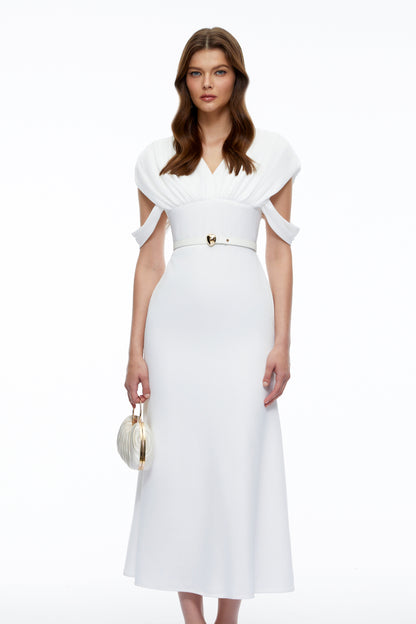 Eleanor White V-Neck Midi Dress with Cape Sleeves