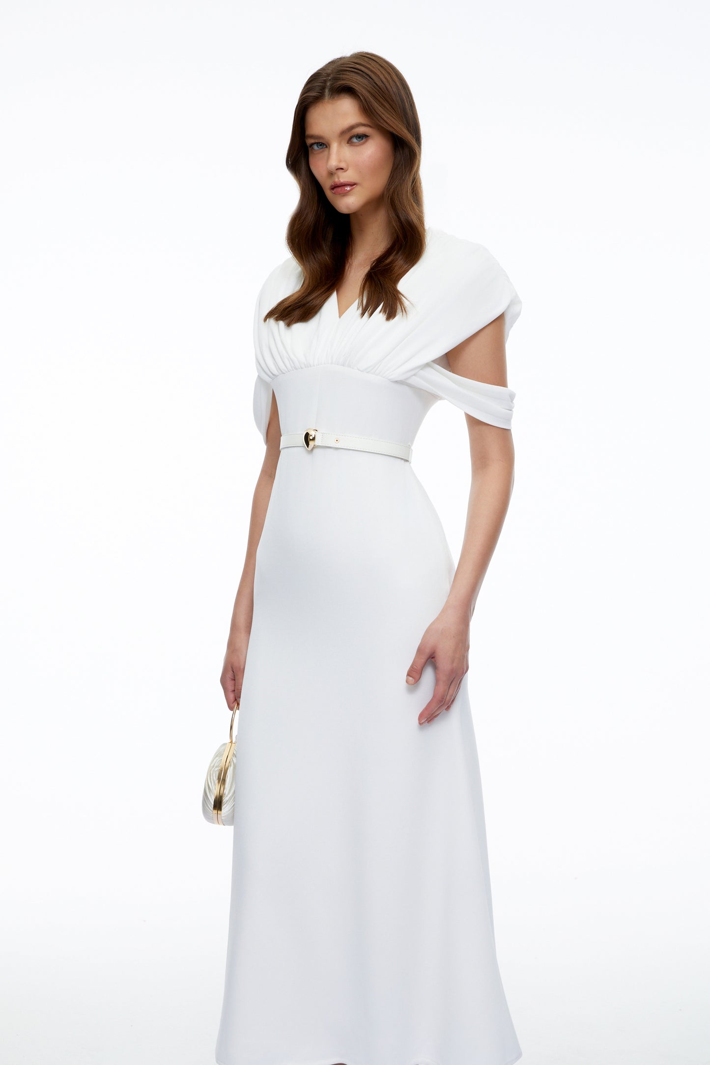 Eleanor White V-Neck Midi Dress with Cape Sleeves