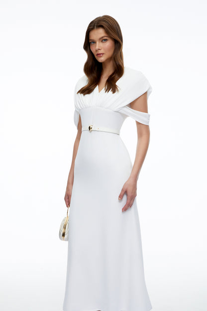 Eleanor White V-Neck Midi Dress with Cape Sleeves