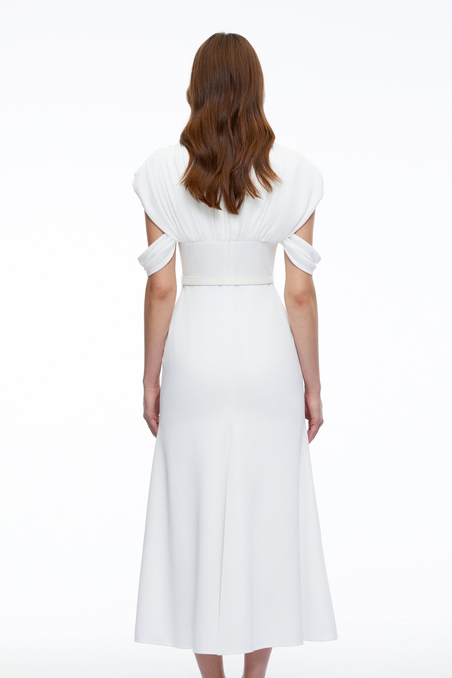 Eleanor White V-Neck Midi Dress with Cape Sleeves