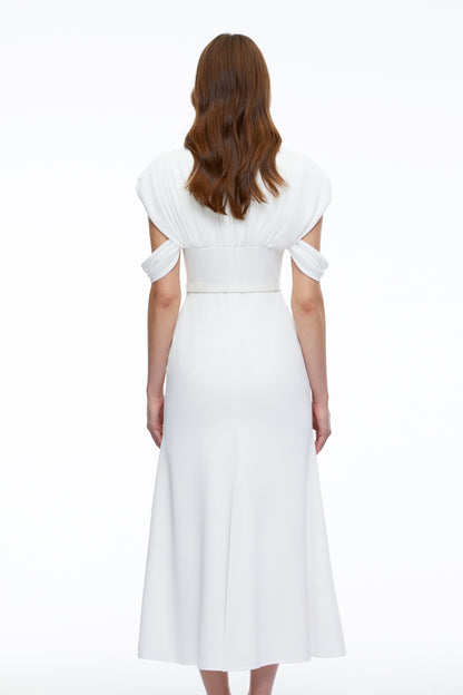Eleanor White V-Neck Midi Dress with Cape Sleeves