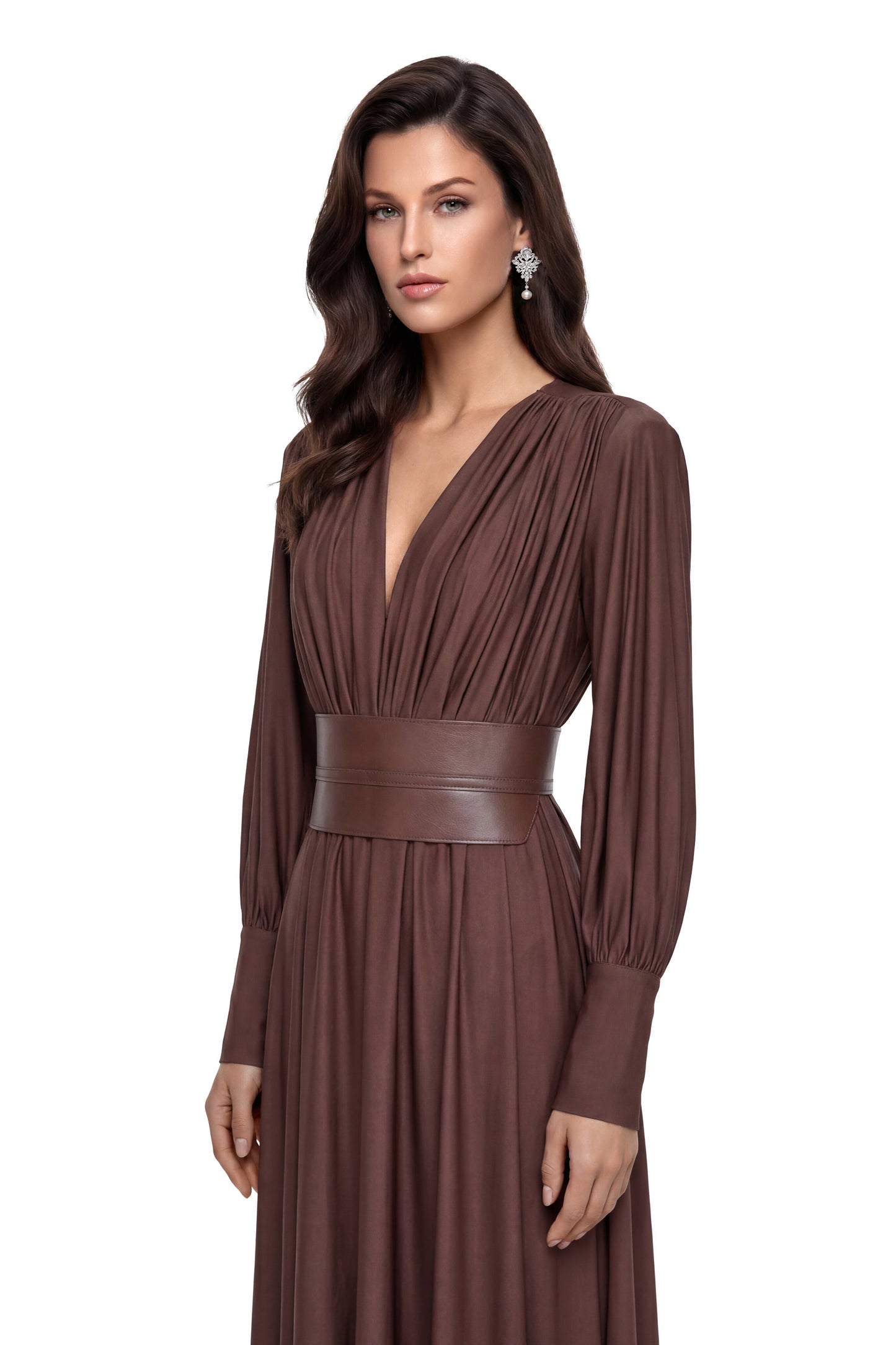 Eleanore Chocolate Brown V-Neck Ruched Maxi Dress