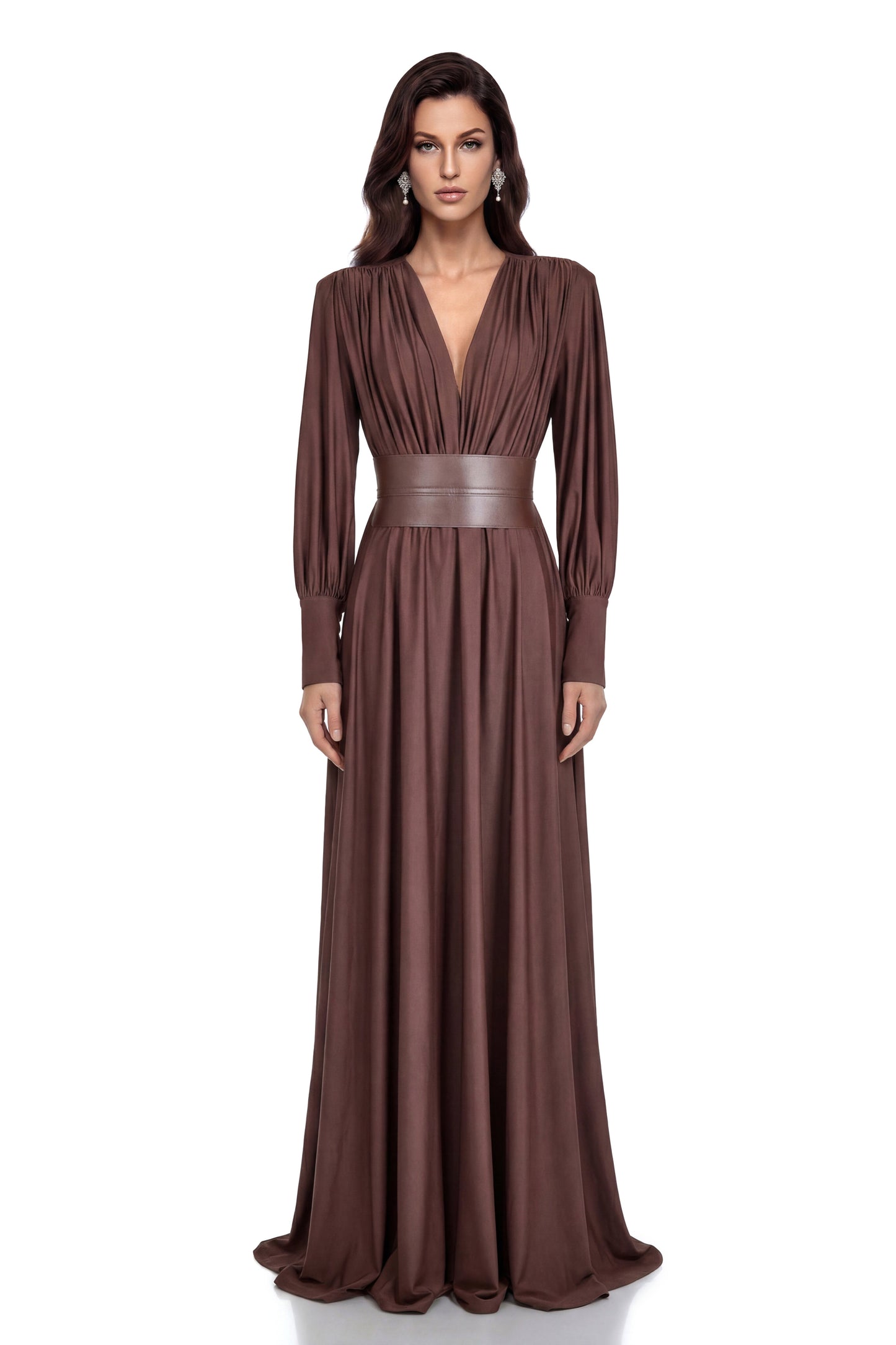 Eleanore Chocolate Brown V-Neck Ruched Maxi Dress