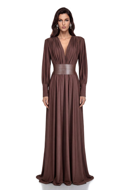 Eleanore Chocolate Brown V-Neck Ruched Maxi Dress
