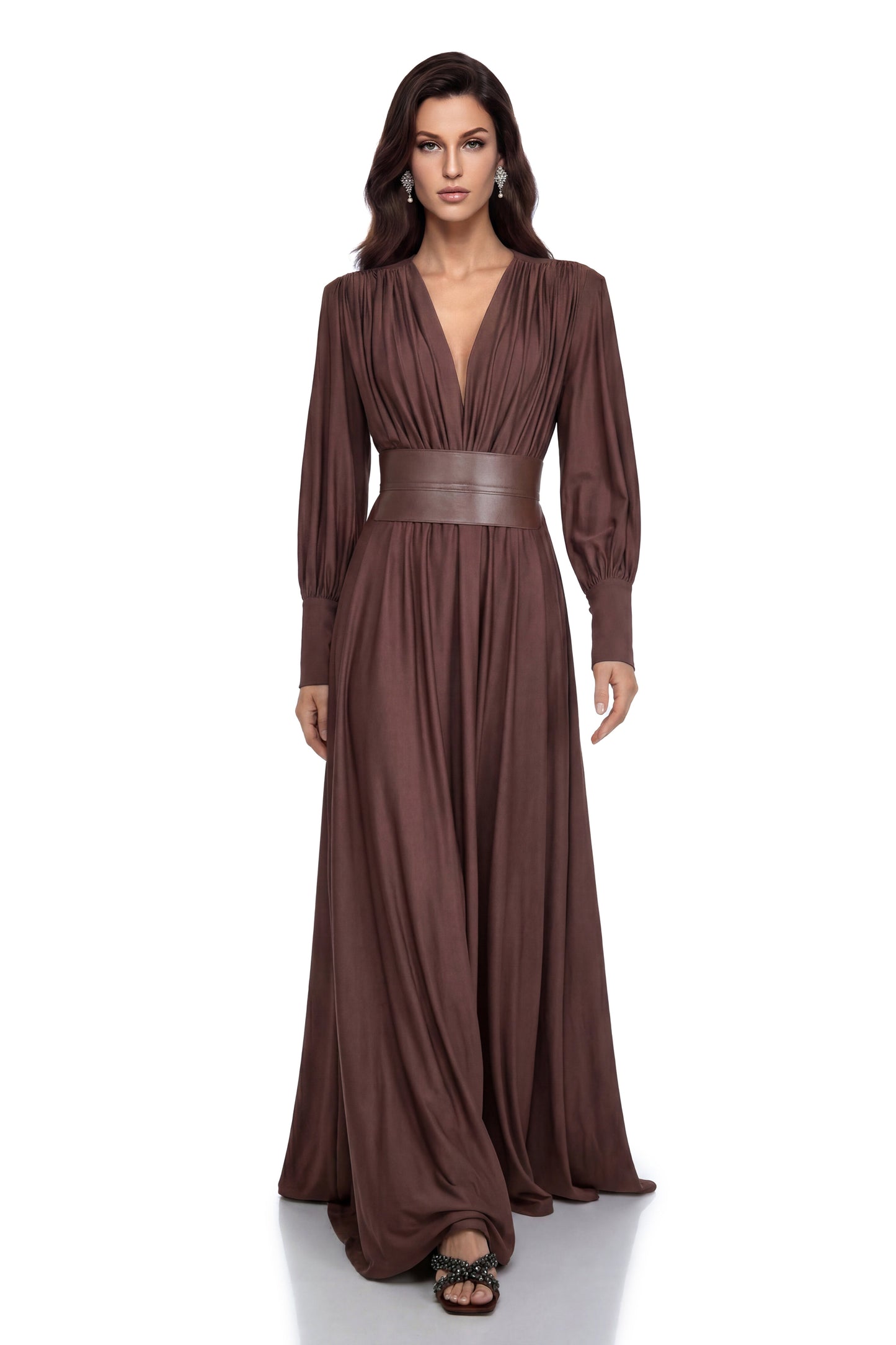 Eleanore Chocolate Brown V-Neck Ruched Maxi Dress