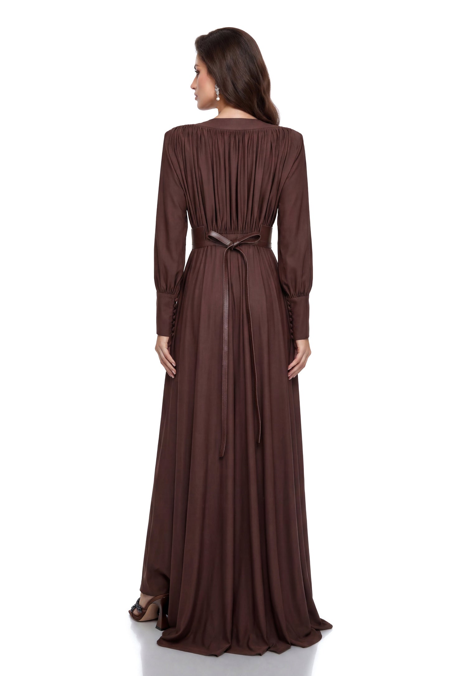 Eleanore Chocolate Brown V-Neck Ruched Maxi Dress