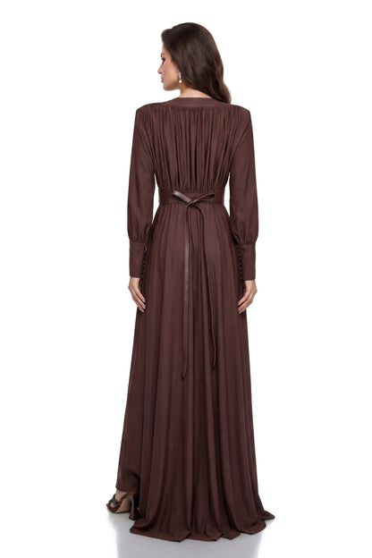 Eleanore Chocolate Brown V-Neck Ruched Maxi Dress