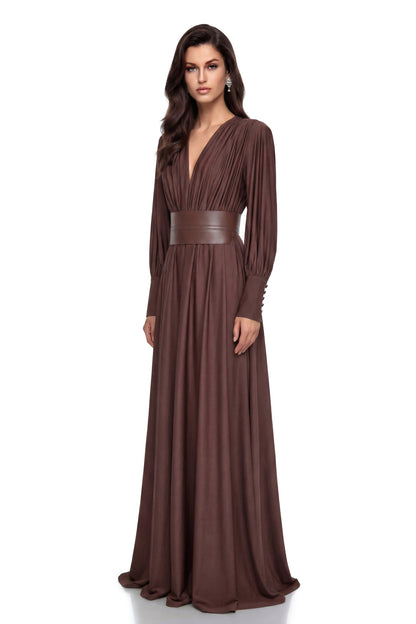 Eleanore Chocolate Brown V-Neck Ruched Maxi Dress
