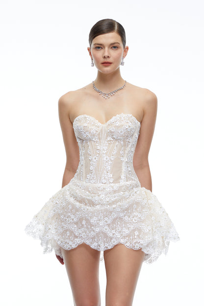 Eliana White Sequin Corset Mini Dress with Ruffles