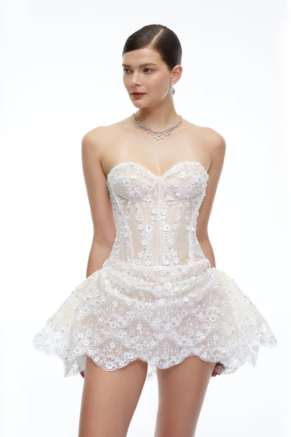 Eliana White Sequin Corset Mini Dress with Ruffles