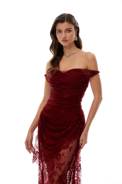 Eline Burgundy Ruched Floral Lace Gown