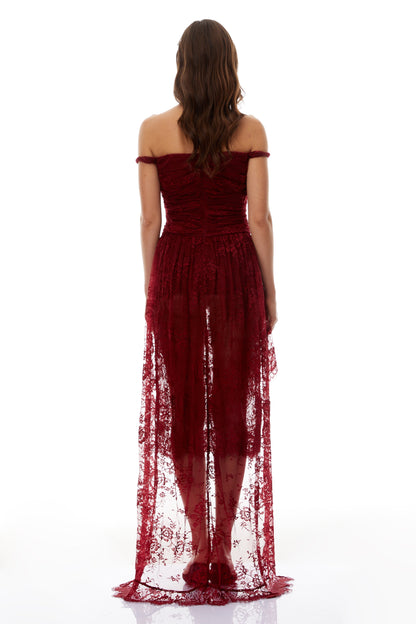 Eline Burgundy Ruched Floral Lace Gown
