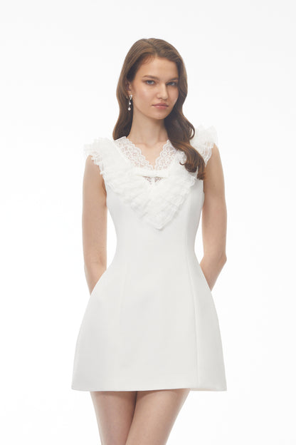 Elisabeth White V-Neck Mini Dress with Lace Panels