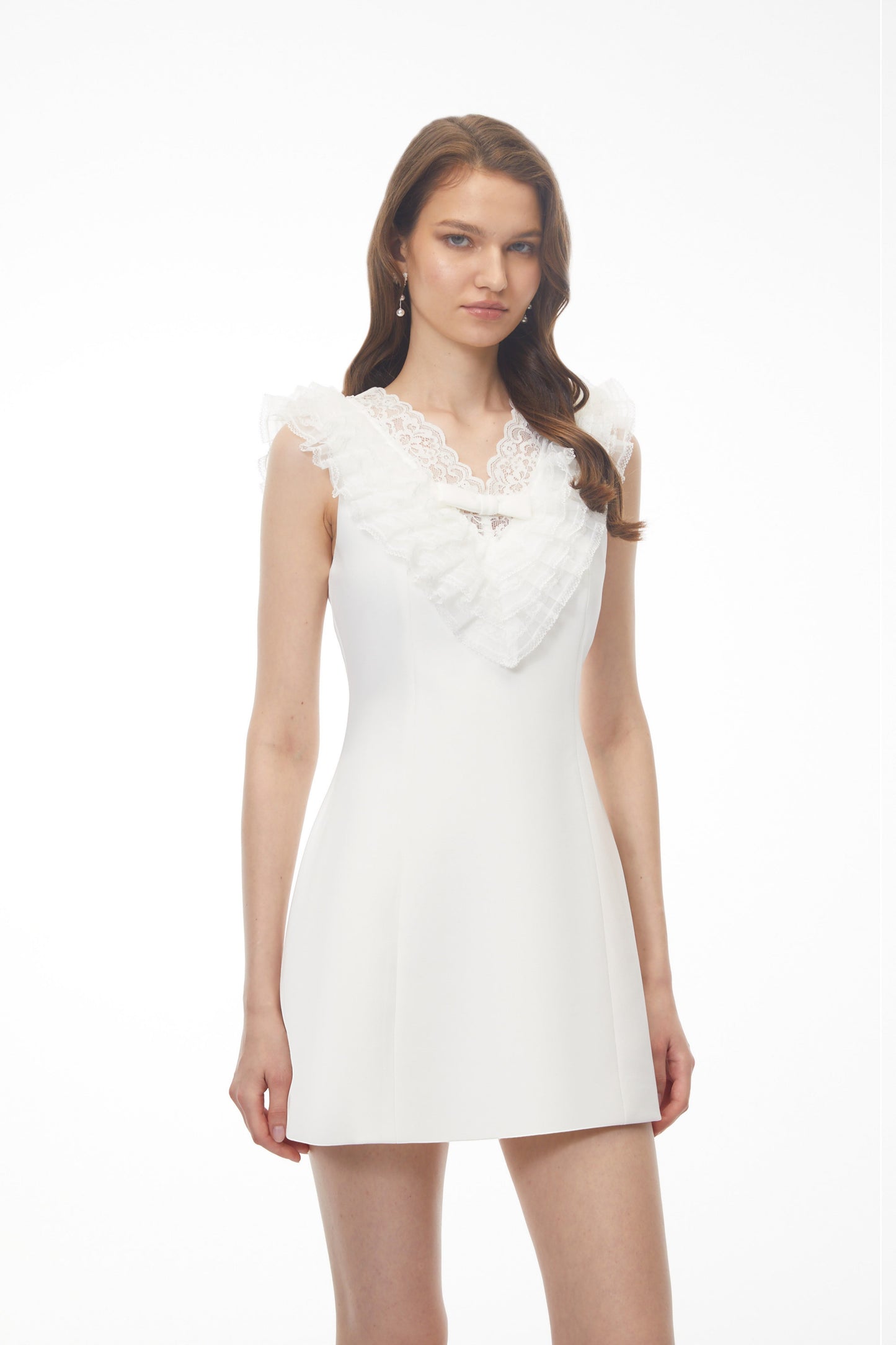 Elisabeth White V-Neck Mini Dress with Lace Panels