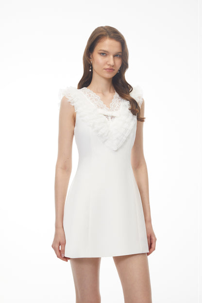 Elisabeth White V-Neck Mini Dress with Lace Panels