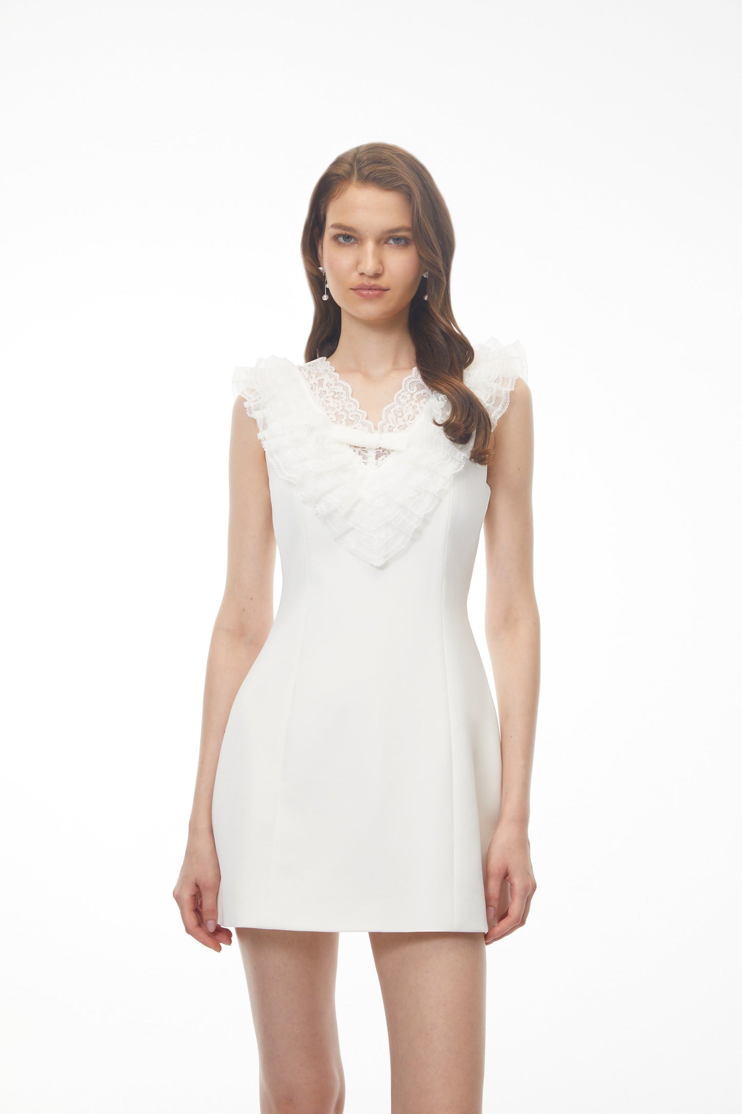 Elisabeth White V-Neck Mini Dress with Lace Panels