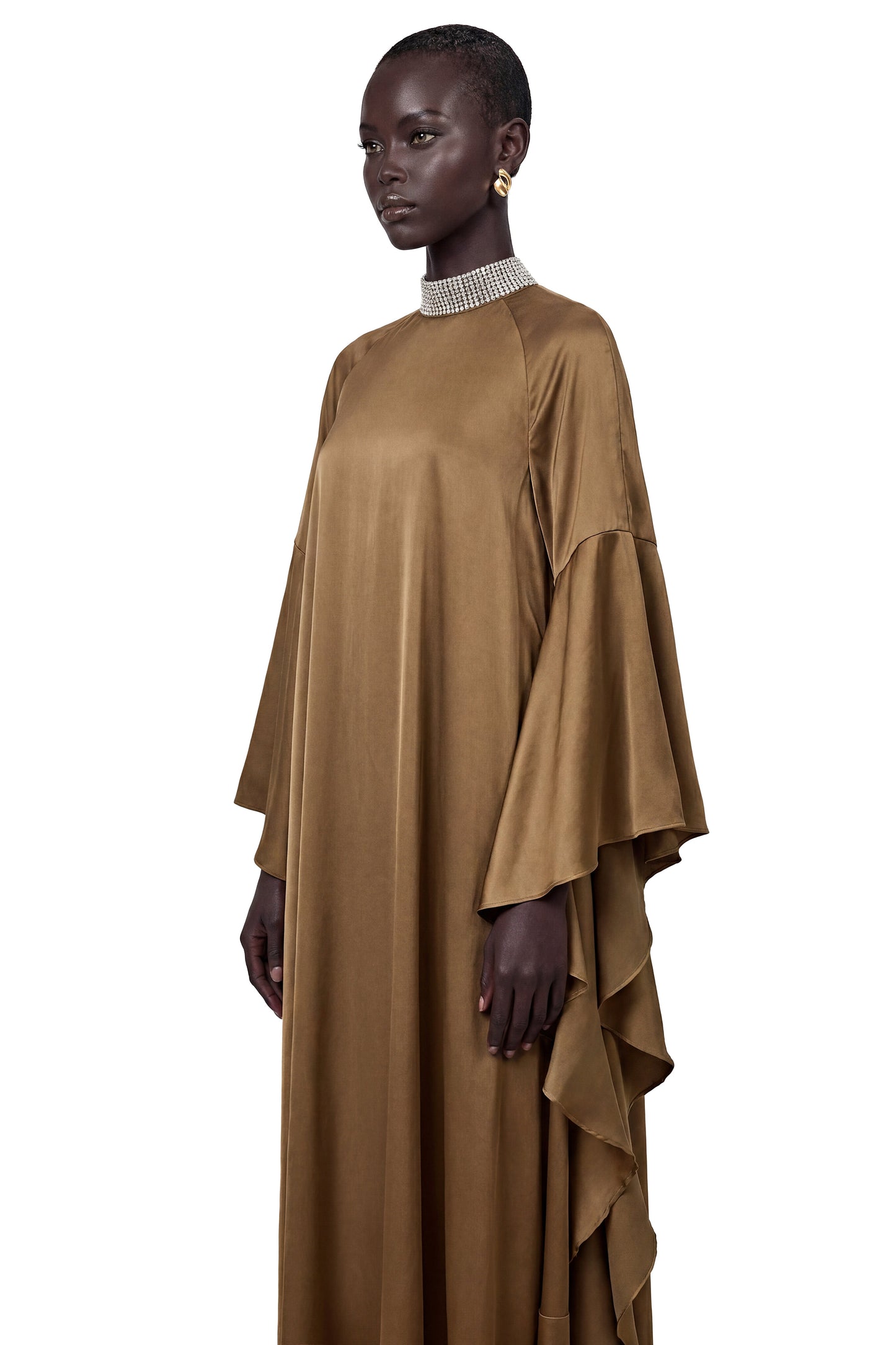 Elisabetta Brownish Green Turtleneck Maxi Dress with Flutter Sleeves