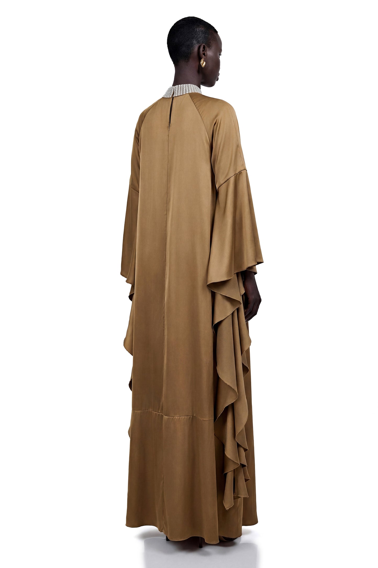 Elisabetta Brownish Green Turtleneck Maxi Dress with Flutter Sleeves