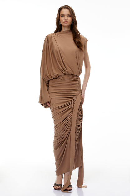 Elizabeth Camel Asimetrik Drapeli Maxi Elbise