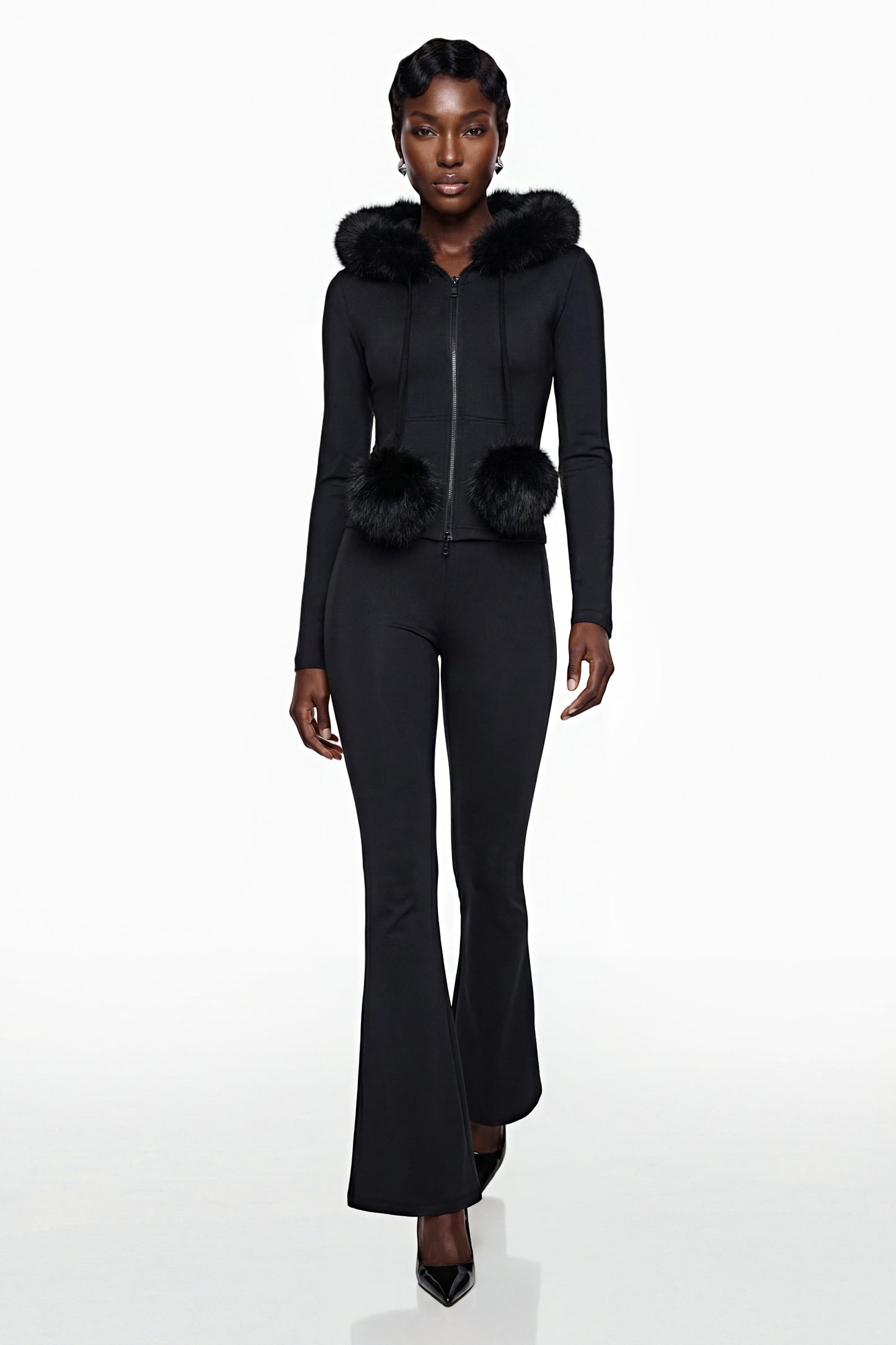 Elize Black Hoodie Jacket & Flared Trouser Set