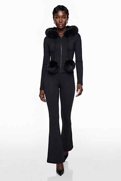 Elize Black Hoodie Jacket & Flared Trouser Set