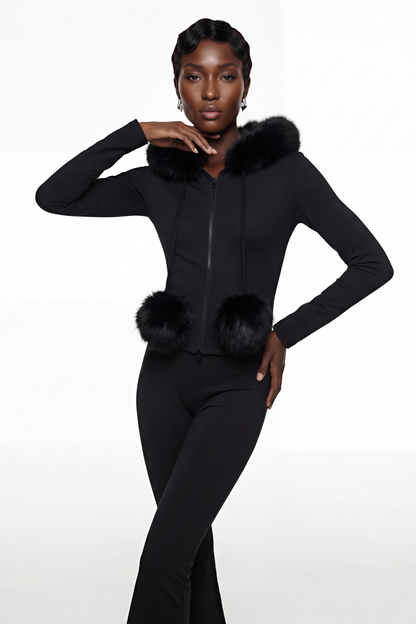 Elize Black Hoodie Jacket & Flared Trouser Set
