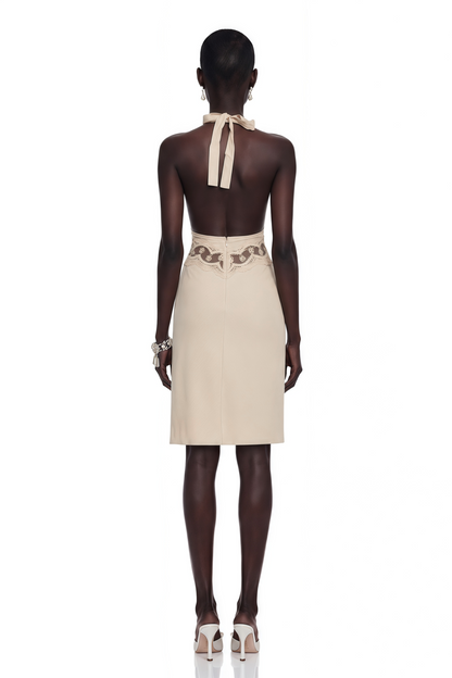Ella Neutral Halterneck Lace Panel Mini Dress