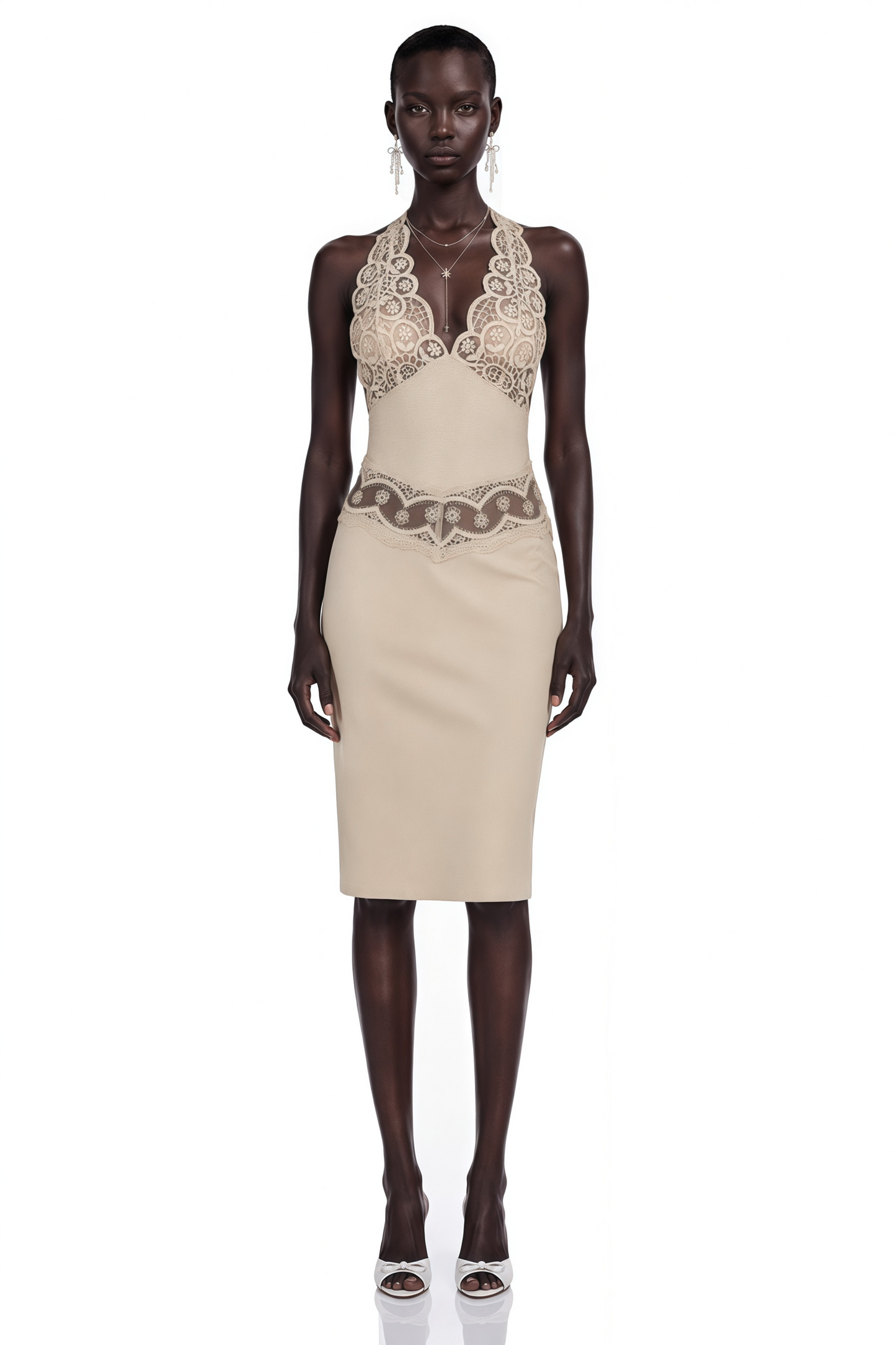 Ella Neutral Halterneck Lace Panel Mini Dress