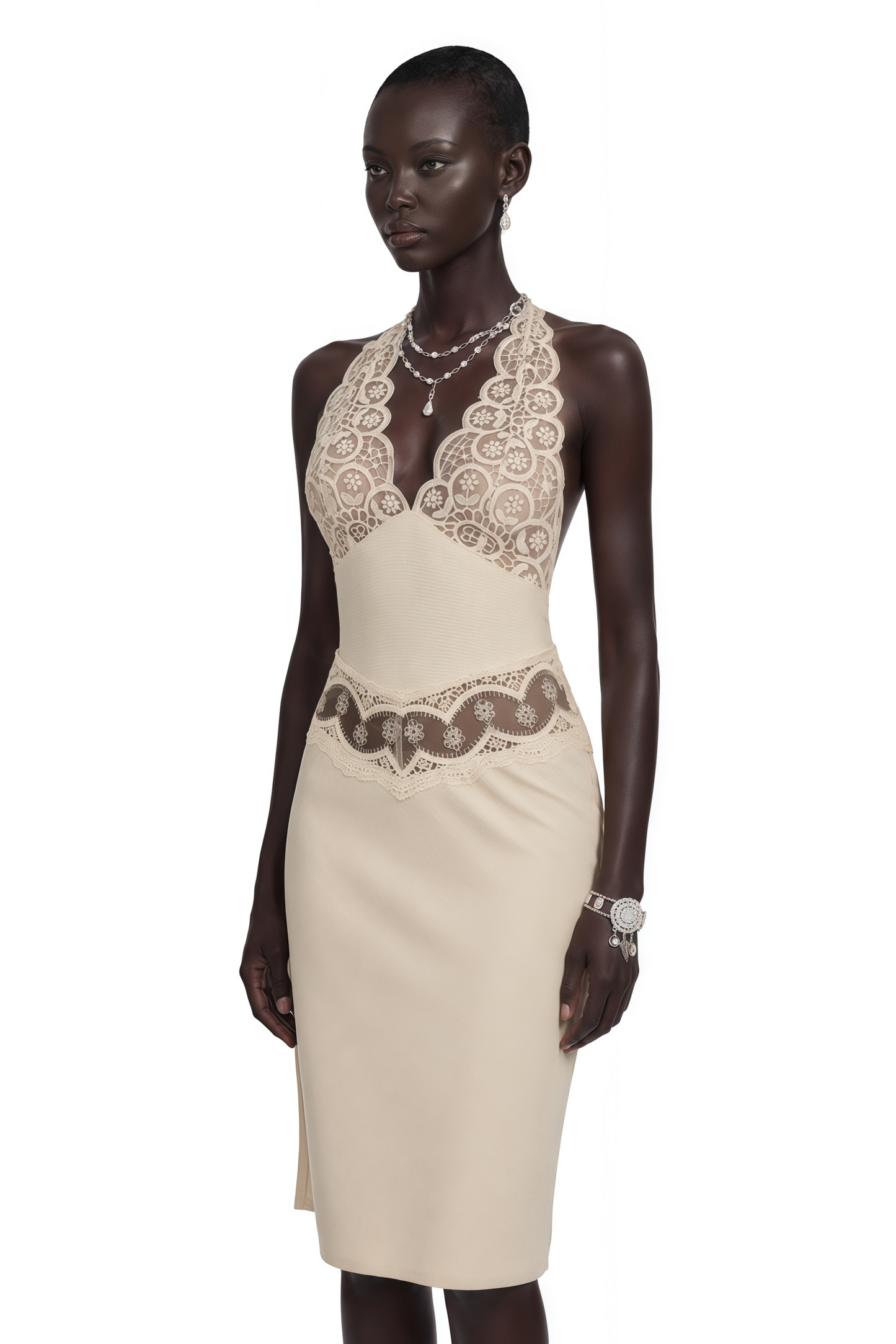 Ella Neutral Halterneck Lace Panel Mini Dress
