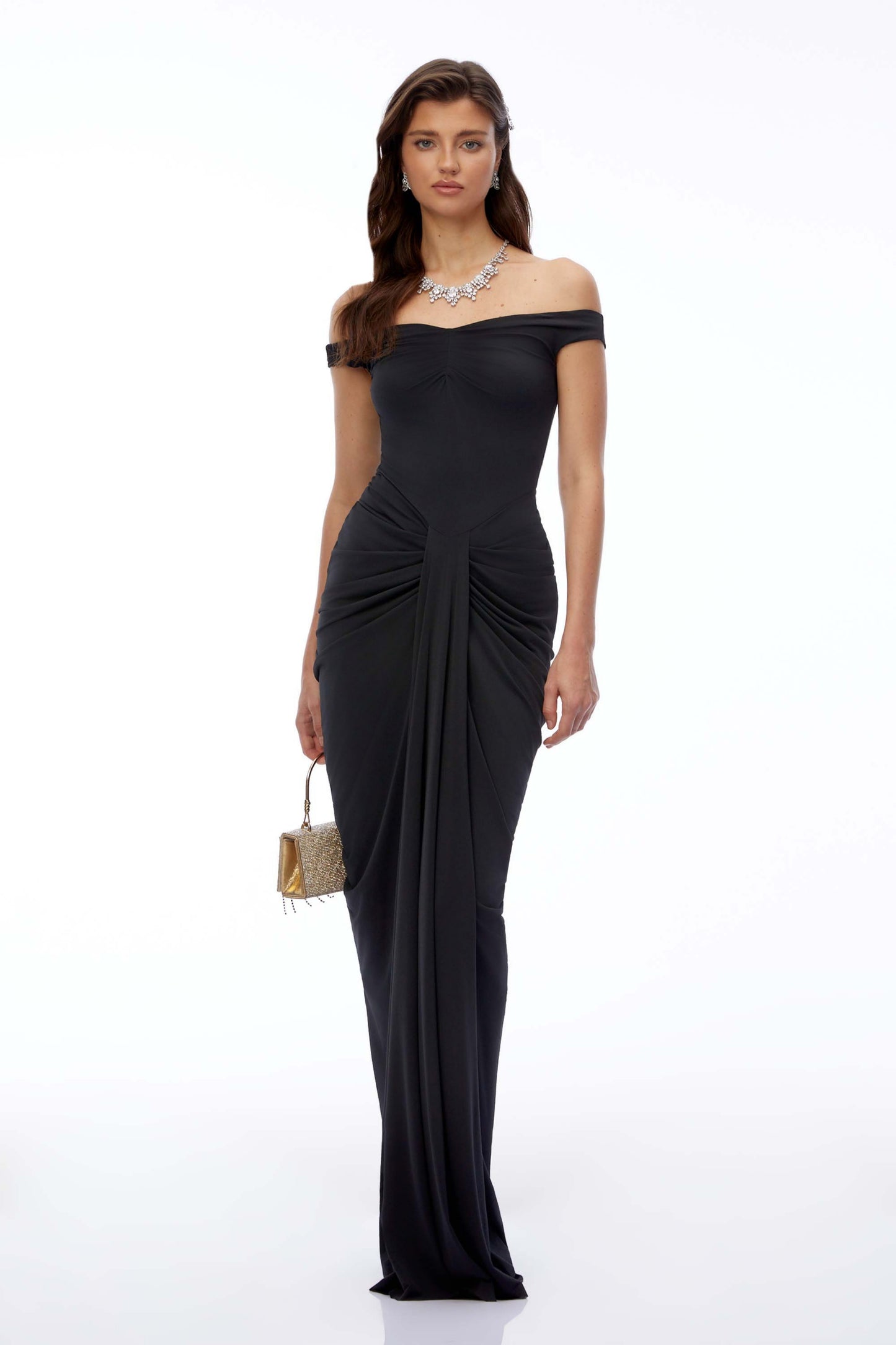 Eloise Black Off Shoulder Ruched Maxi Dress