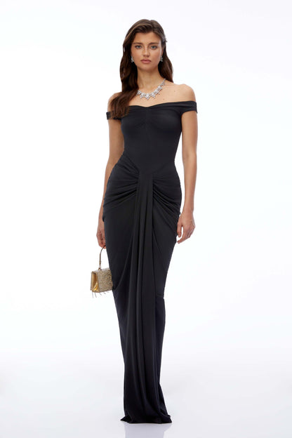 Eloise Black Off Shoulder Ruched Maxi Dress