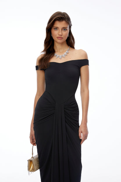 Eloise Black Off Shoulder Ruched Maxi Dress