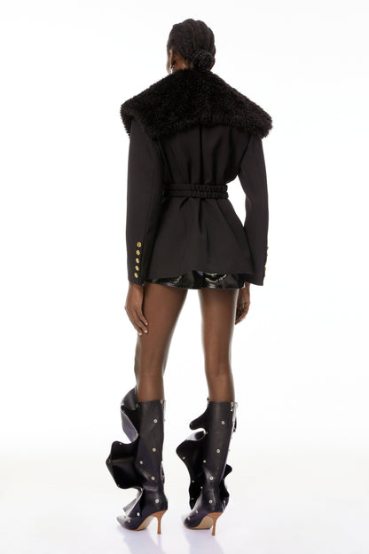 Elsa Black Fur Lapel Blazer With Belt