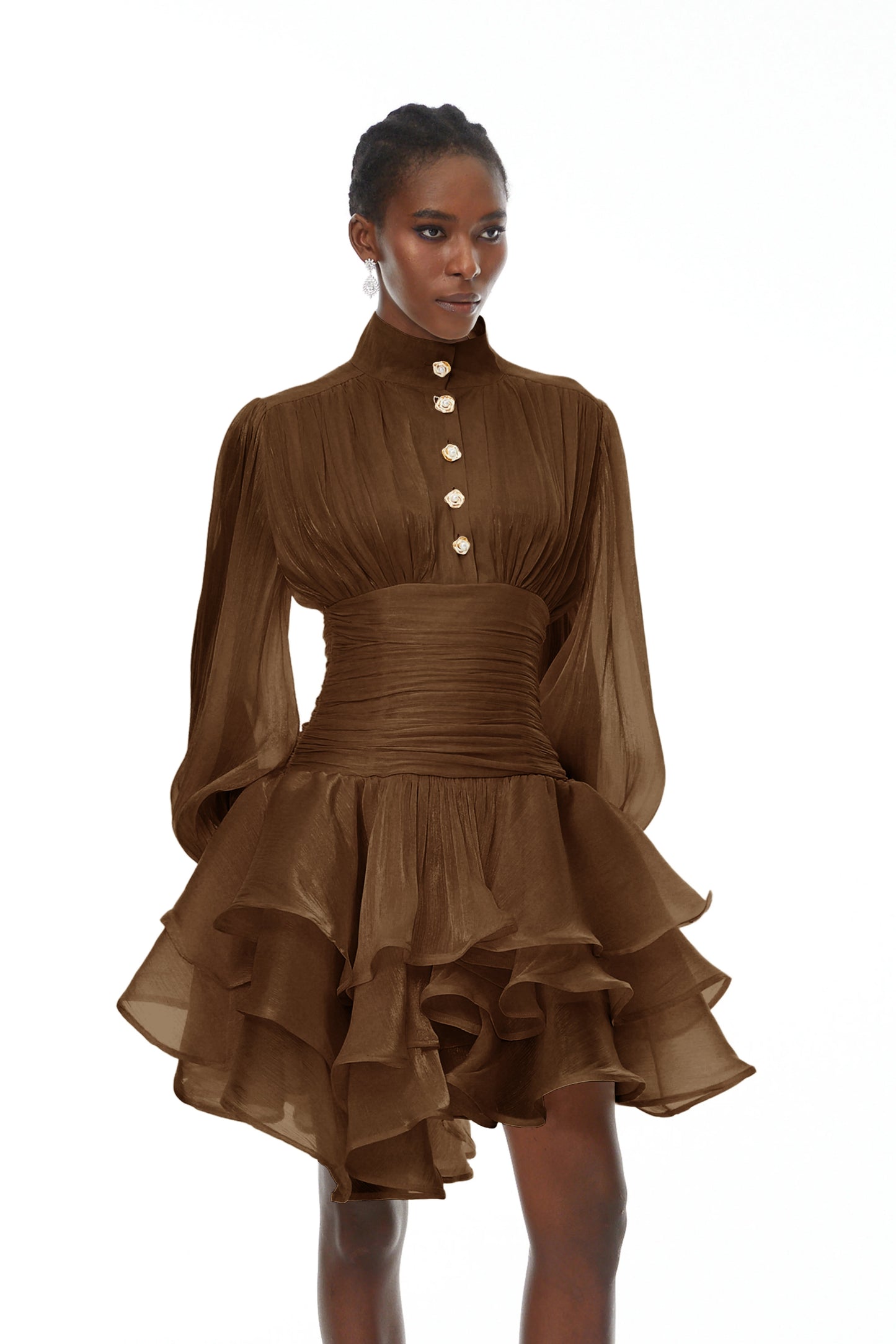 Emersyn Brown High-Neck Ruffled Detail Mini Dress