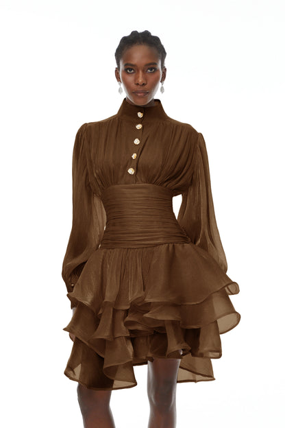 Emersyn Brown High-Neck Ruffled Detail Mini Dress