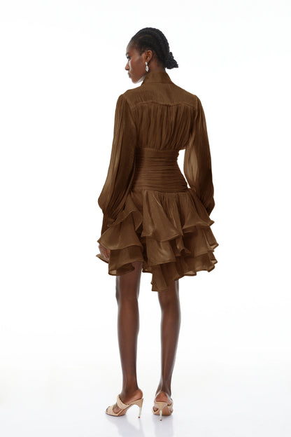 Emersyn Brown High-Neck Ruffled Detail Mini Dress