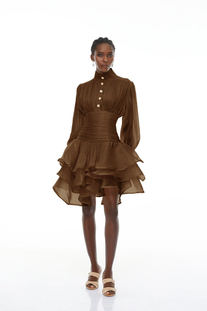 Emersyn Brown High-Neck Ruffled Detail Mini Dress