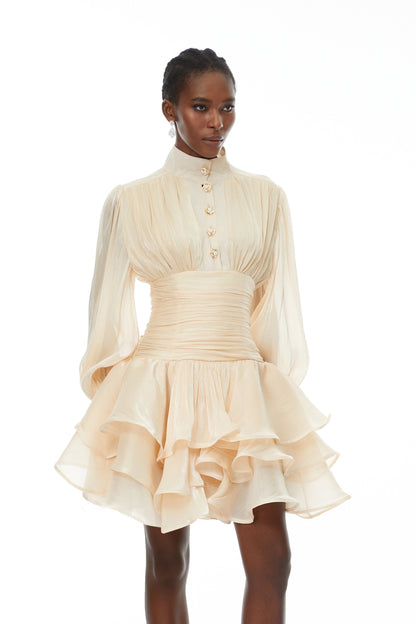 Emersyn Neutrals High-Neck Ruffled Detail Mini Dress