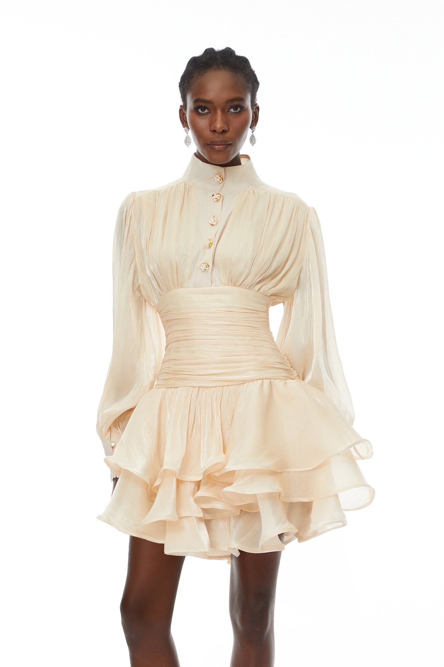 Emersyn Neutrals High-Neck Ruffled Detail Mini Dress