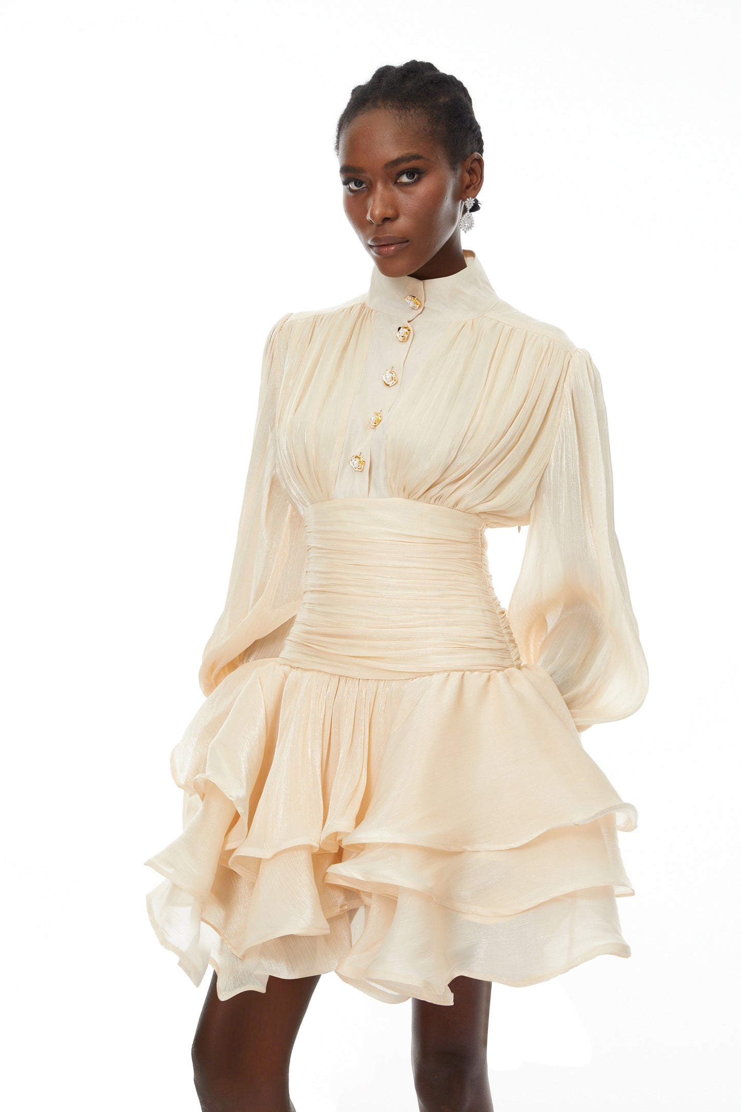 Emersyn Neutrals High-Neck Ruffled Detail Mini Dress