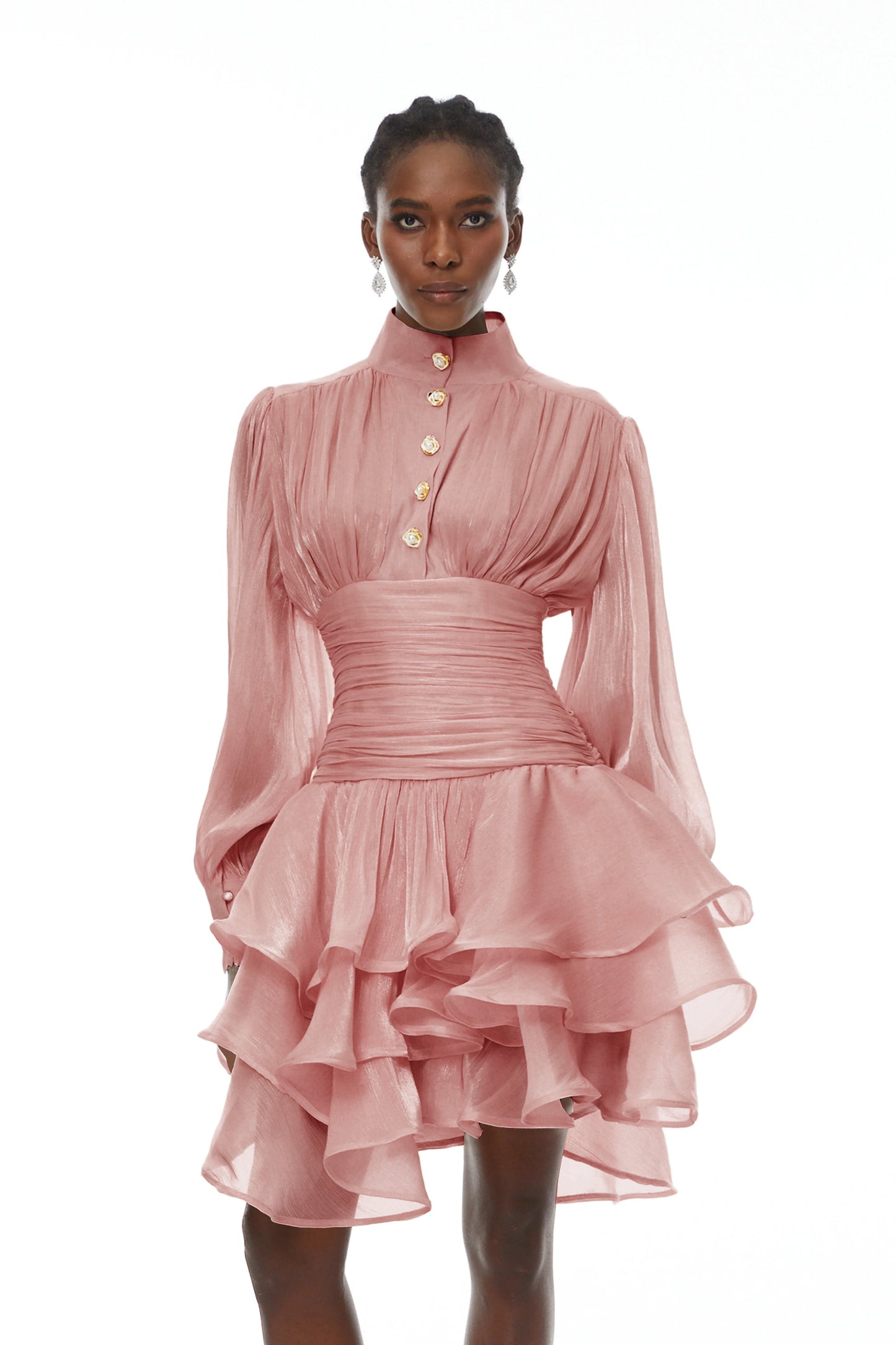 Emersyn Pink High-Neck Ruffled Detail Mini Dress