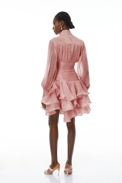 Emersyn Pink High-Neck Ruffled Detail Mini Dress