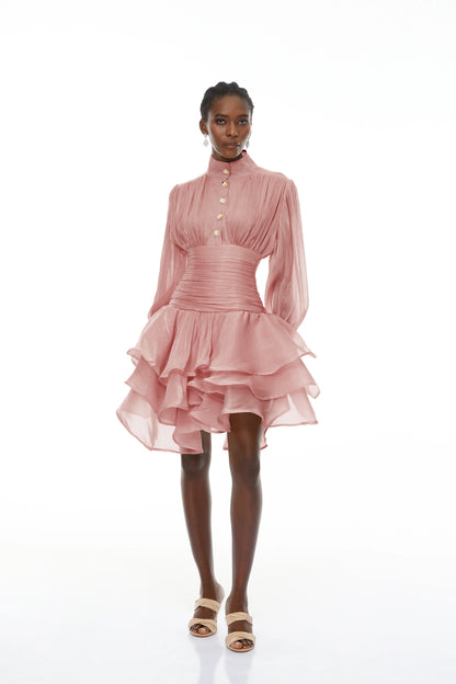 Emersyn Pink High-Neck Ruffled Detail Mini Dress
