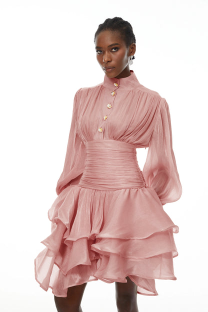 Emersyn Pink High-Neck Ruffled Detail Mini Dress