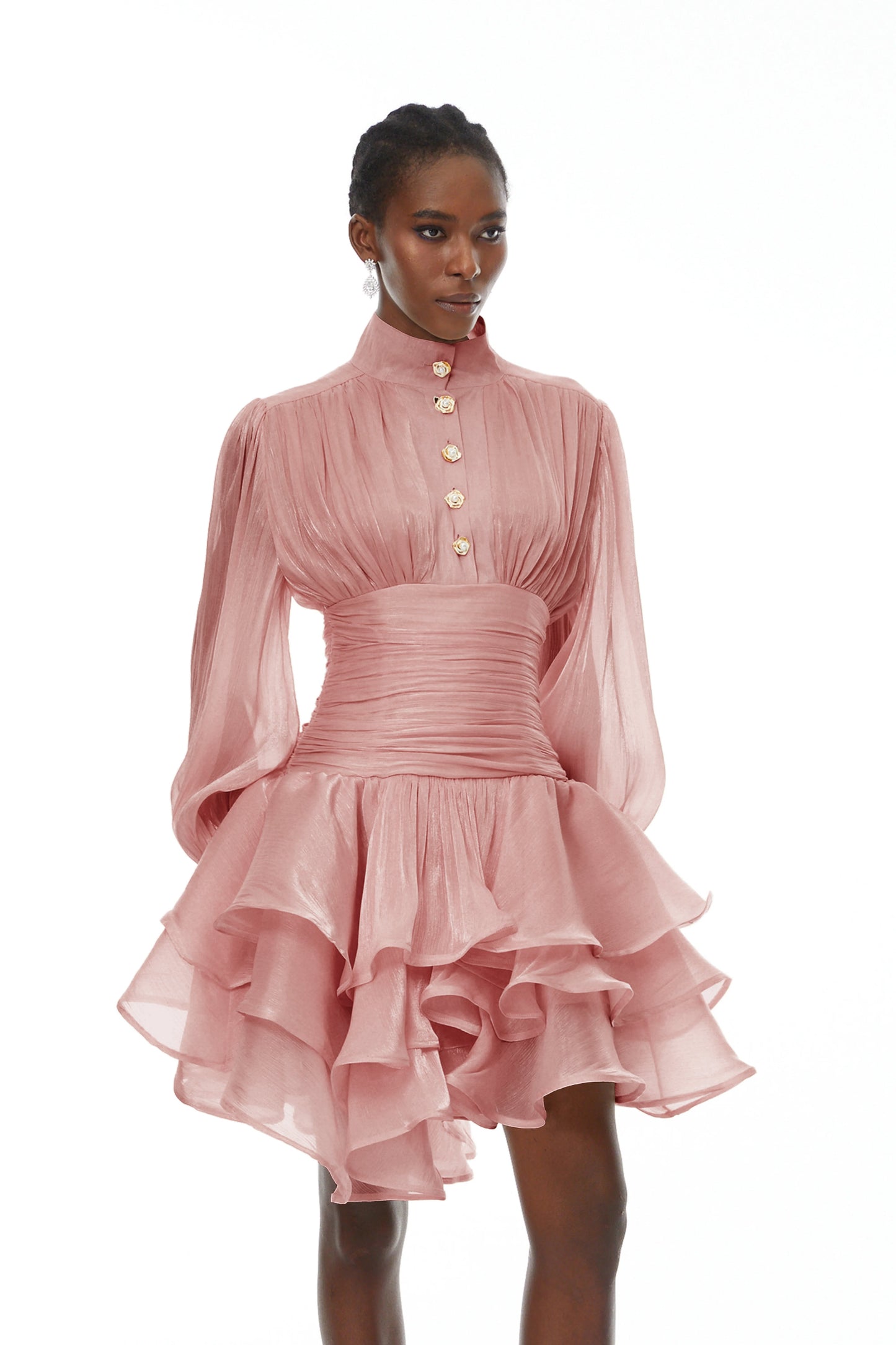 Emersyn Pink High-Neck Ruffled Detail Mini Dress