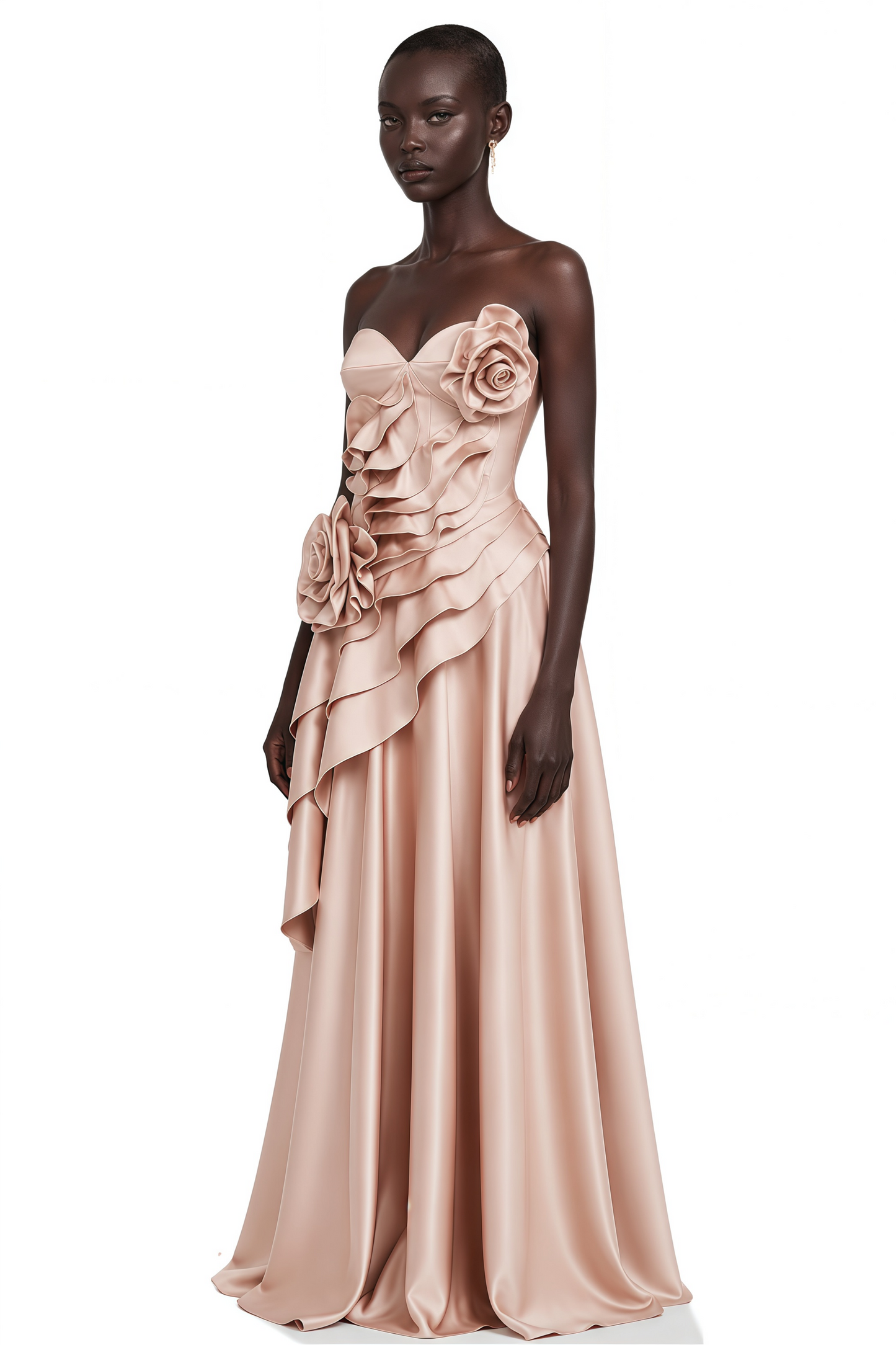 Emine Pink Asymmetrical Tiered Maxi Dress with 3D Florals