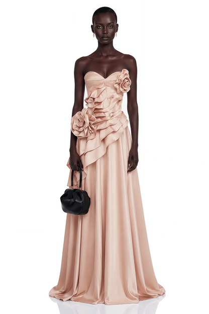 Emine Pink Asymmetrical Tiered Maxi Dress with 3D Florals