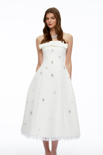 Enid White Strapless Rhinestone Midi Dress with Bow